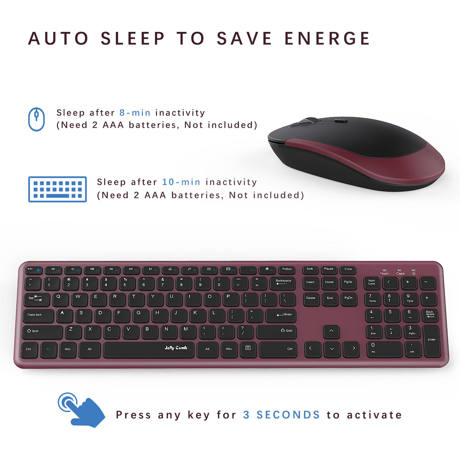 Jelly Comb Wireless Keyboard and Mouse Combo 2.4GHz Ultra Thin Mouse Full Size Keyboard with Number Pad for Computer PC Notebook