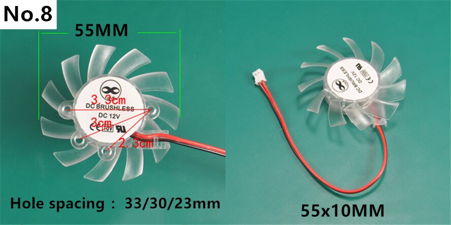 Ventilador VGA de 35MM, 45MM, 55MM, 65MM, 75MM de diámetro, 25MM, 26MM, 42MM, con muchos agujeros, espaciado DC12V, hoja de ventilador de 2 pines: 55MM