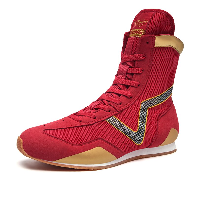 Men Big Size Wrestling Shoes Lightweight Man Sport Training Sneakers Outsole Lace Up High Top Boxing Shoes: Red / 43