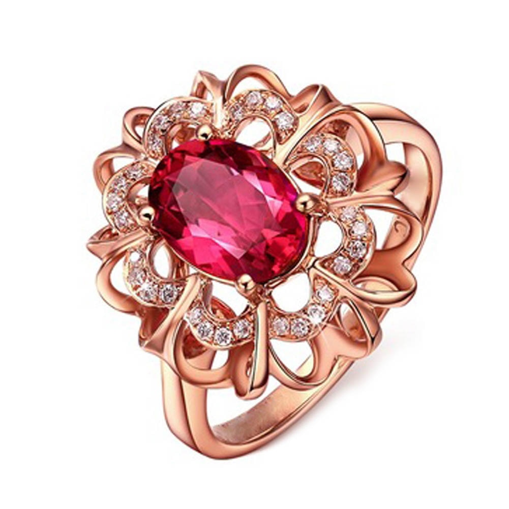Goud Kleur Ring Sieraden Rode Cz Stone Flower Ringen Voor Vrouwen Bruids Bruiloft Sieraden Accessoires