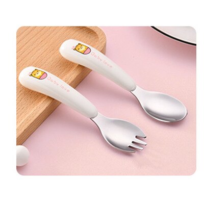 2Pc Portable Box Packed 304 Stainless Steel Kids School Lunch Use Fork and Spoon Cutlery Set Children Feeding Inox Flatware Set: White cat