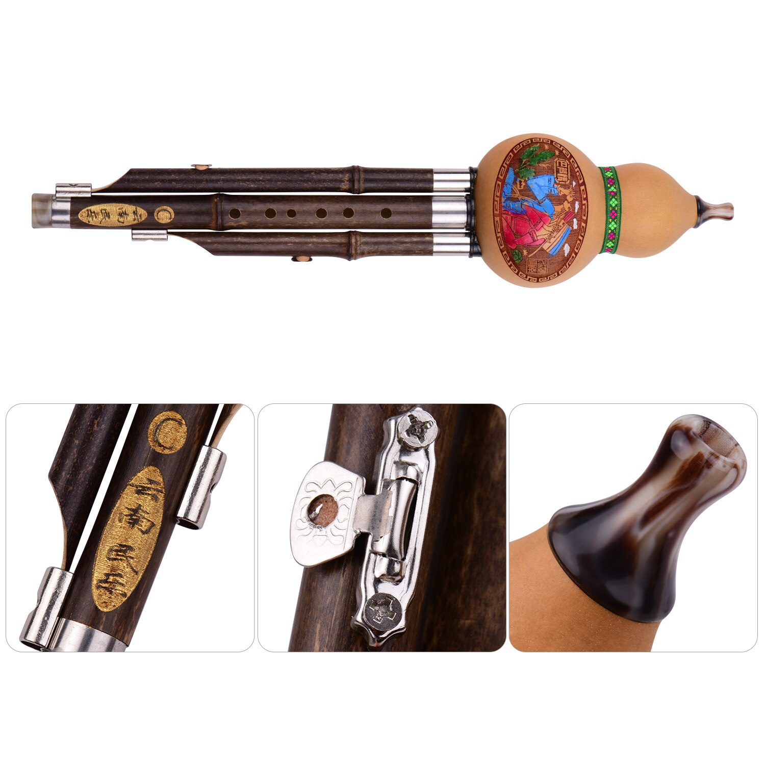 3 Tone C-Key Hulusi Gourd Cucurbit Flute Black Bamboo Pipes Chinese Traditional Instrument with Chinese Knot Carry Case