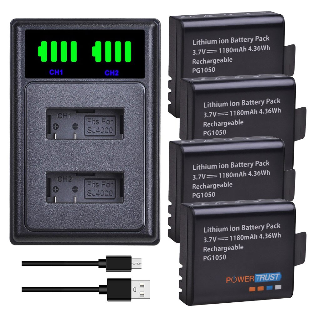 Batería PG1050 SJ4000 PG900 de 1180mAh, 3,7 V, con cargador Dual USB para SJCAM SJ5000 SJ6000 SJ8000 M10 EKEN 4K H8 H9 EK7000: 4Battery and Charger