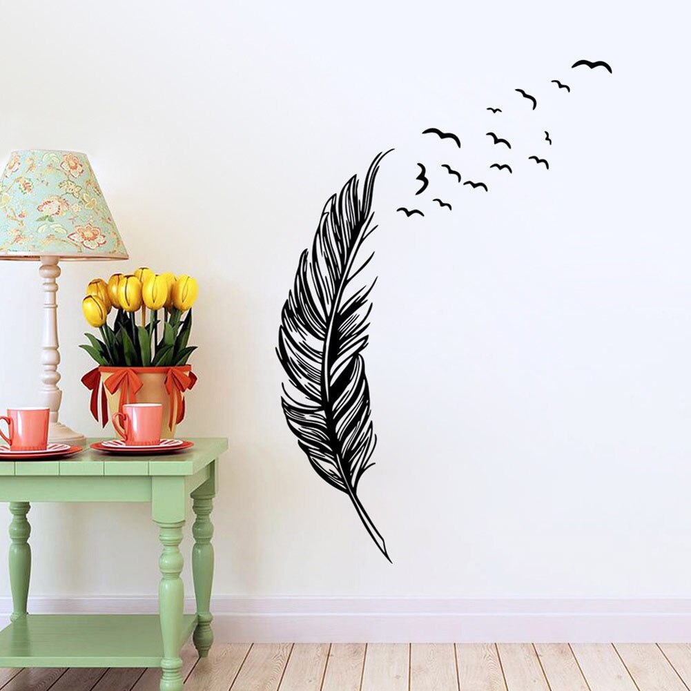 Sort fjer mønstre wallsticker vandtæt aftagelig vinyl fugle flyvende fjer soveværelse hjem mærkat vægmaleri kunst dekoration