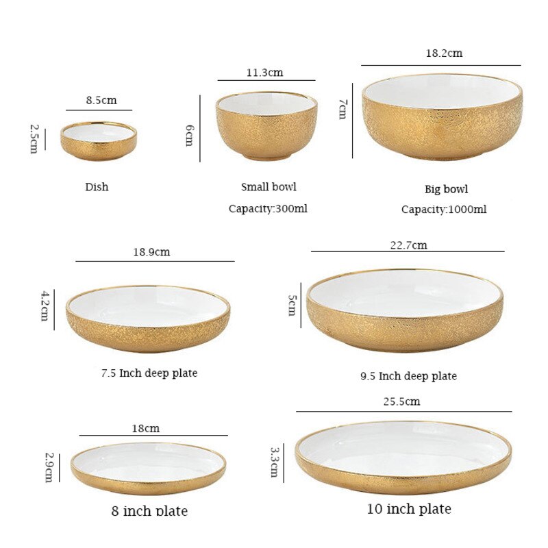 Ceramic Gold Dinner Plate Wedding Salver Porcelain Soup Rice Bowl Set Dessert Dinner Plate Cake Dessert Dish Tableware