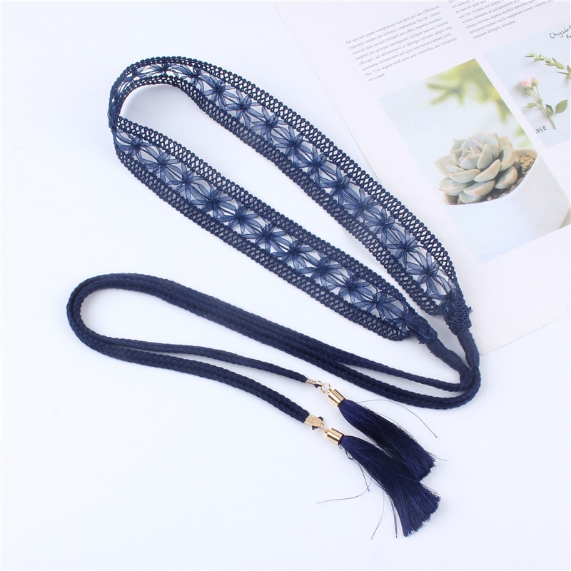 Cinturón de cintura de encaje trenzado para mujer, cinturón de cintura calado, decoración de falda, cinturón con borlas, tejido torcido, cuerda de nudo