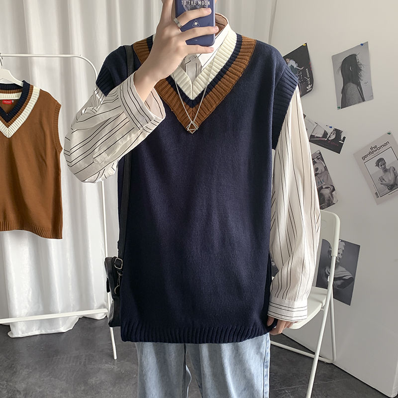 Efterårs sweater vest herre retro afslappet v-hals strikket pullover herre streetwear løs koreansk vest sweater herre tøj