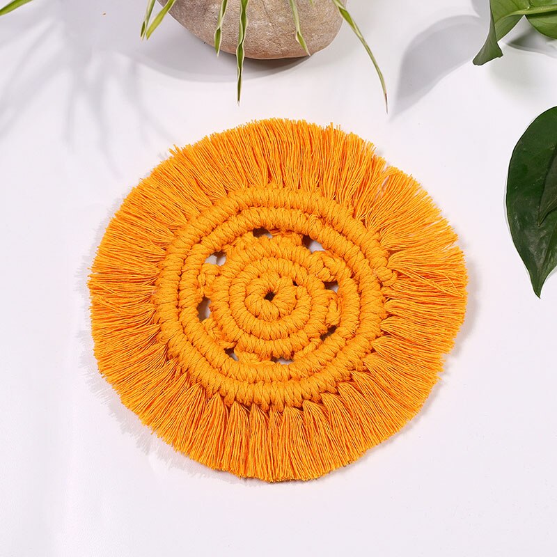 Round Woven Coasters Handmade Macrame Heat-Resistan Cup Mat Tassel Table Decoration for Home TH: D