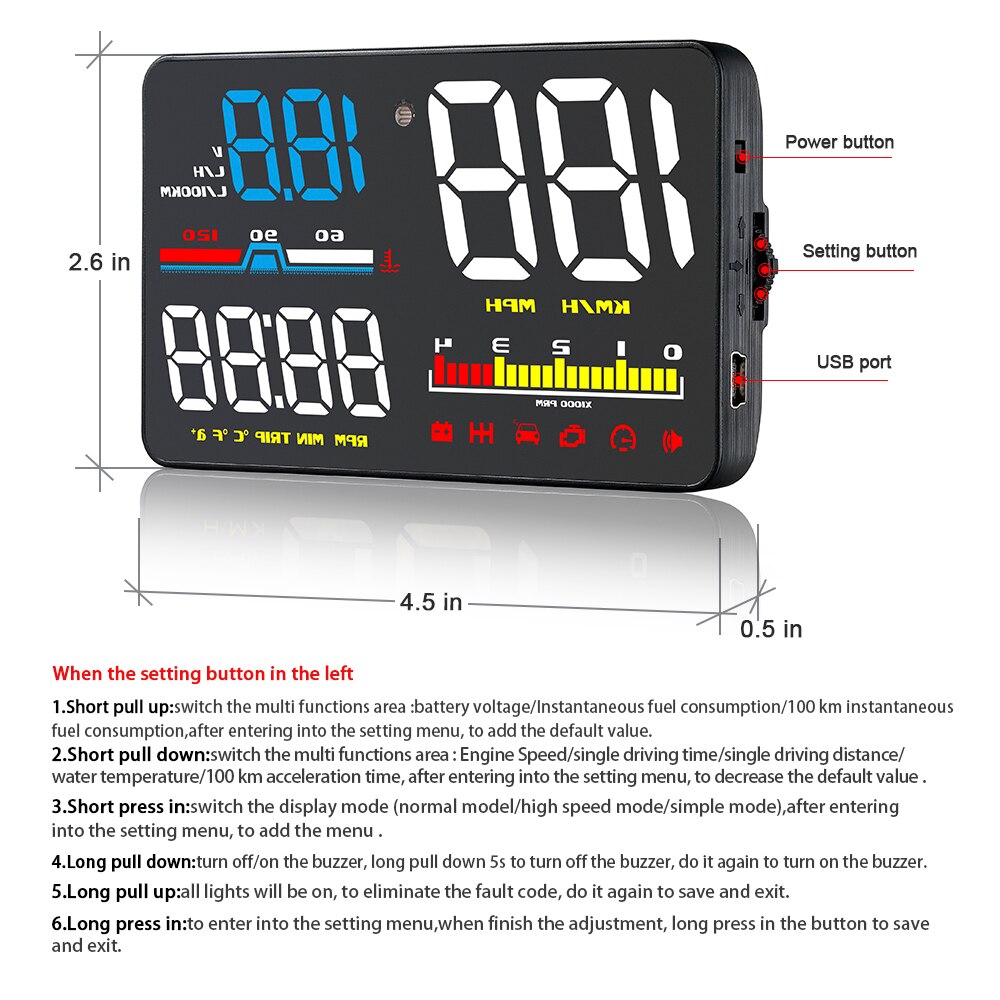 D5000 OBD2 HUD Head Up Display 5inch Obd2 Dashboard Speedometer Film Over Speed