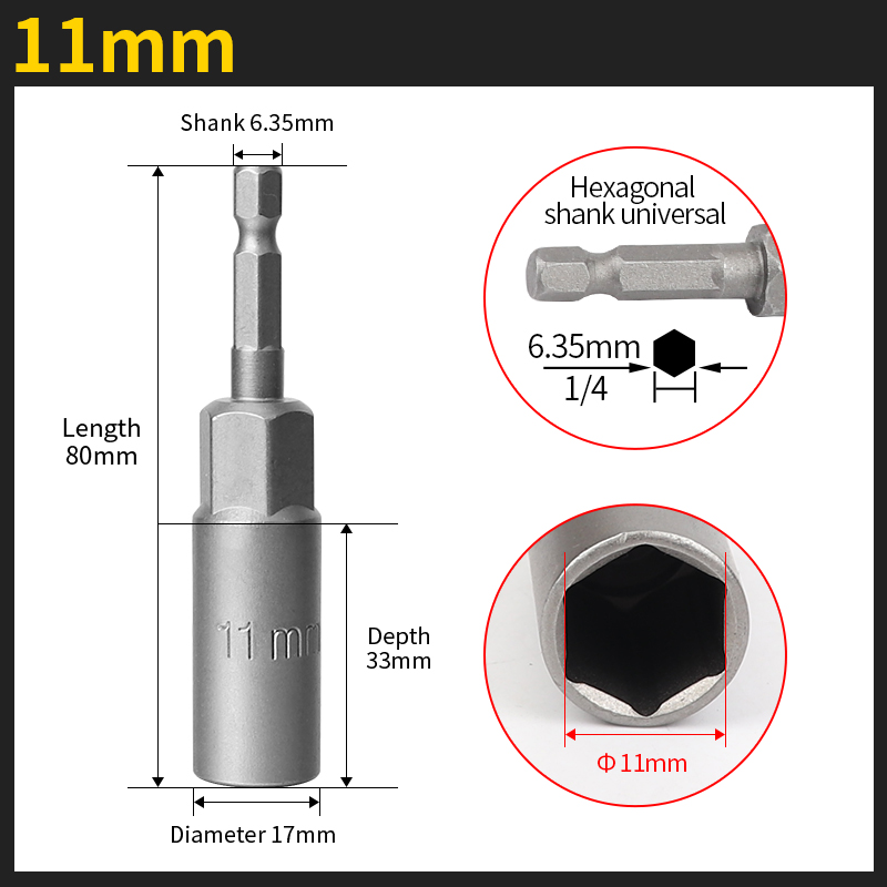 5.5-19mm Length Deepen Impact Socket Adapter Power Nut Driver Socket Drill Bit 1/4-inch Hex Shank Screwdriver Key Head Hand Tool: Dark Grey