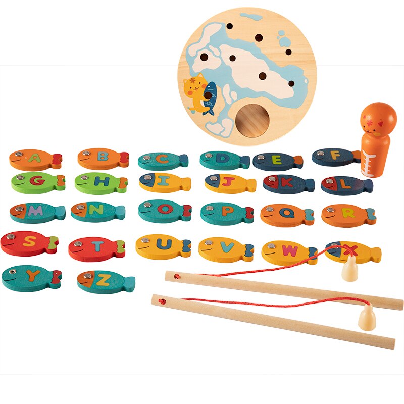 Magnetic Wooden Fishing Game 26PCS Alphbat Toys Catching Board 2 in 1 Double Side Educational Playing 136