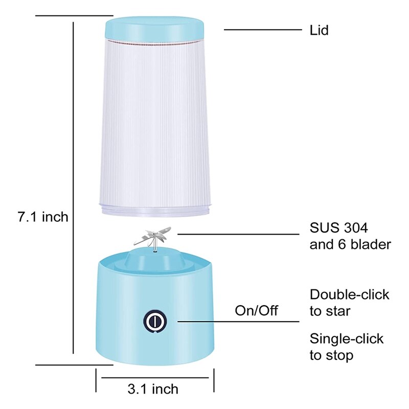 Portable Blender, USB Rechargeable Smoothie Mixer with Six Blades of Spatial Structure,Personal Size Juicer Cup