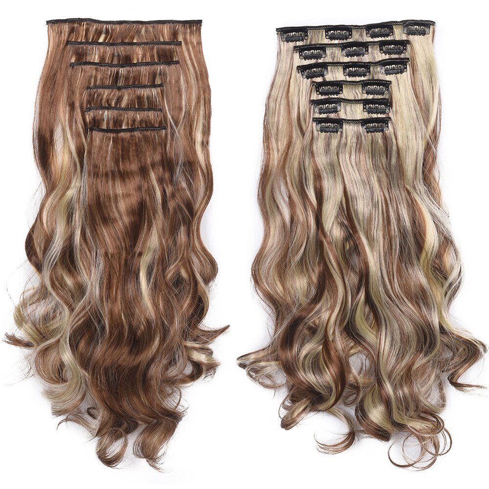 22" 16 Clips Synthetic Body Wave Clip In Hair Extensions Long Curly Heat Resistant Hairpiece Ombre Hair For Women: 6H613