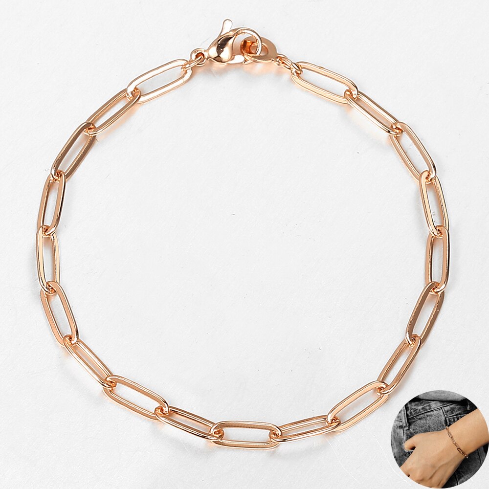 4mm Damen Kette Armbinde 585 Rose Gold Gefüllt Paperclip Rolo Verknüpfung Armbinde Böhmischen Schmuck 20cm LCB60