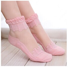 Calzini Donna Caviglia - Volantino Pizzo - Rete Cotone Trasparente - Morbidi e Traspiranti per Yoga & Fitness: Rosa