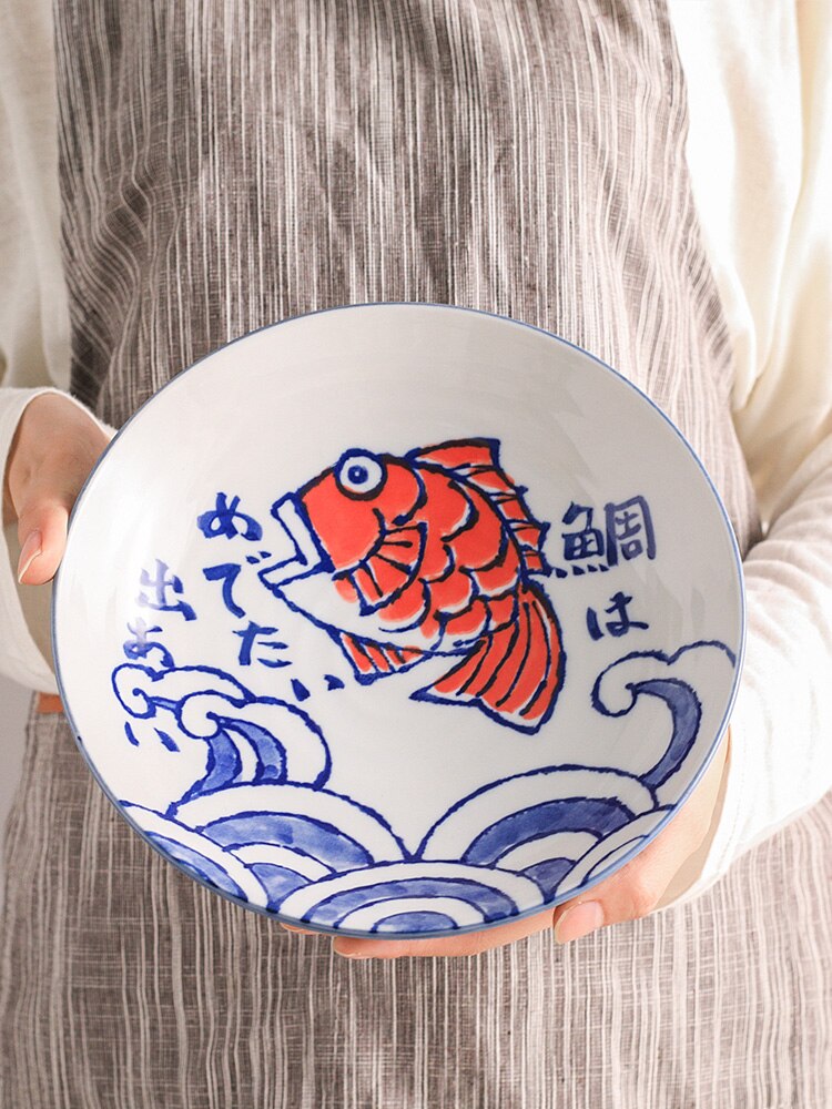 1 pc japansk skålplade keramisk skål underglasur fiskemønstret udsøgt husstand lavet i japan