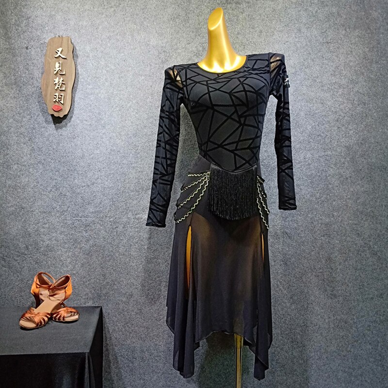 Latin Dance Volwassen Dans Kleding Latin Dance Rok Vrouwelijke Zomer Latijns Prestaties Kleding Tango Jurk: Long sleeve / S