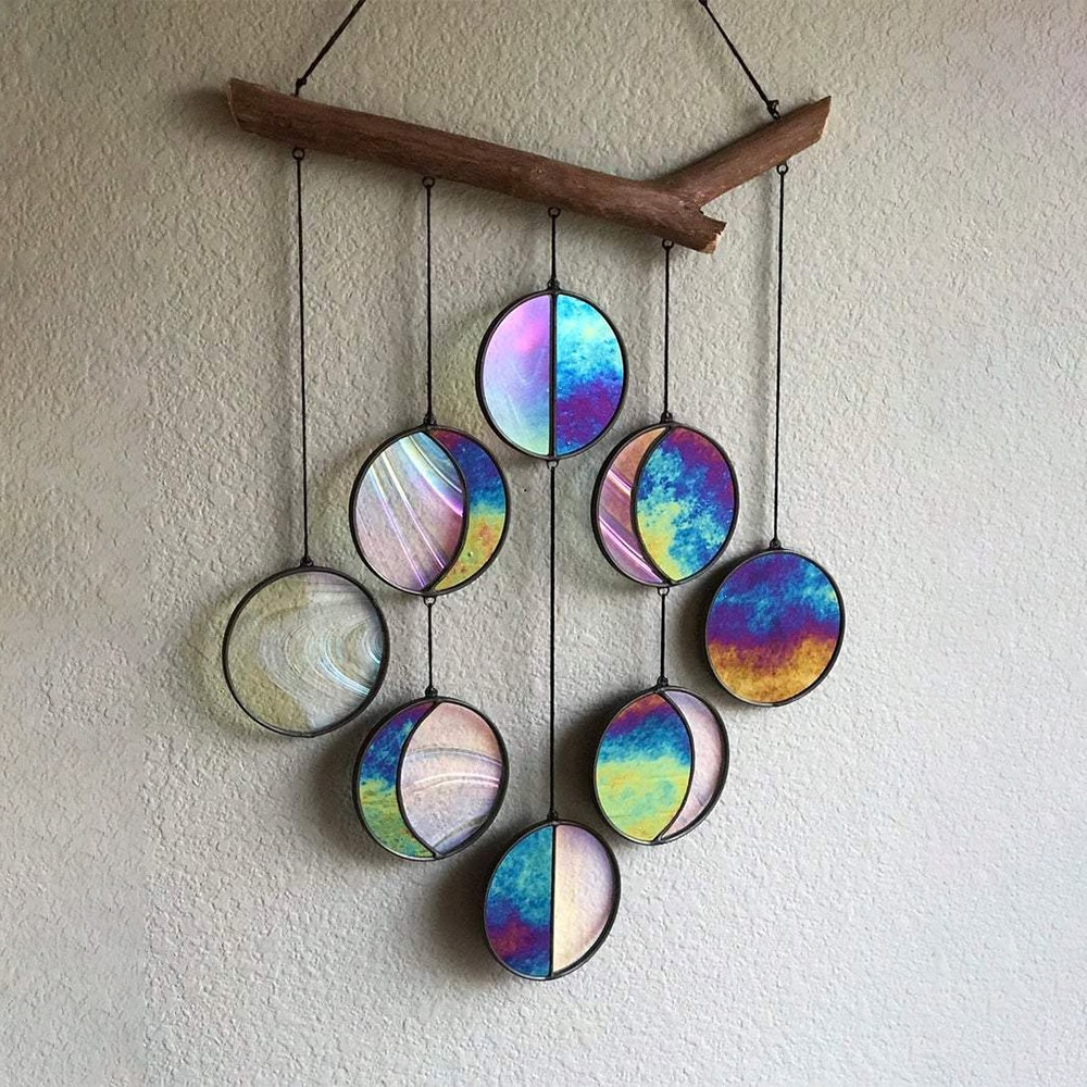 Decoración de pared de fase lunar, carillón de viento, plexiglás tintado, transparente y arcoíris, iridizado, fase lunar, colgante de arte Celestial