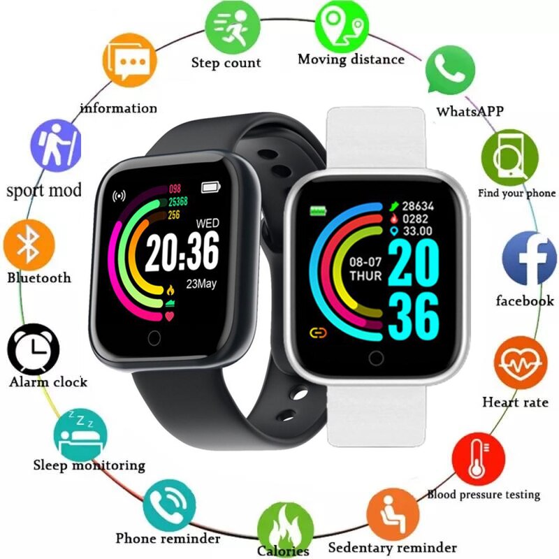 Montre connectée Y68 pour hommes et femmes, moniteur de fréquence cardiaque, de pression artérielle, Bluetooth, étanche, pour Android et IOS