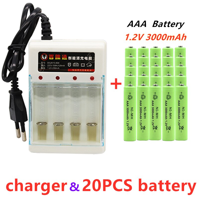 100% Original AAA 3000mAh akku NI-MH 1,2 V AAA batterie für Uhren, mäbenutzen, Computer, spielzeug Also auf, Batterie + Ladegerät