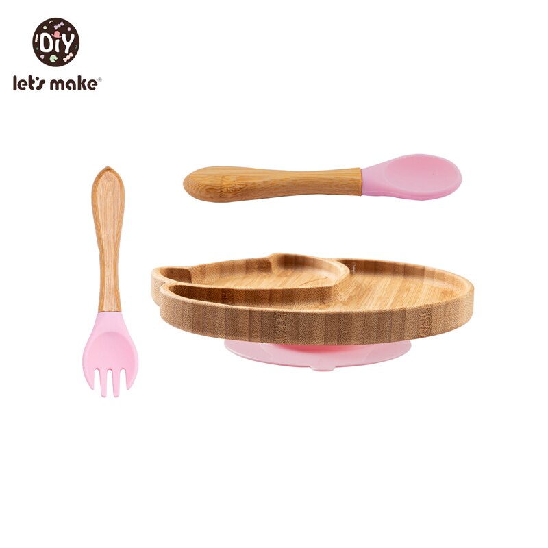 Let&#39;s Make Baby Dinner Plates Set Wooden Cartoon Dinner Plate Fork Spoon Children Feeding Plate Safe Edible Silicone Product: Set 3