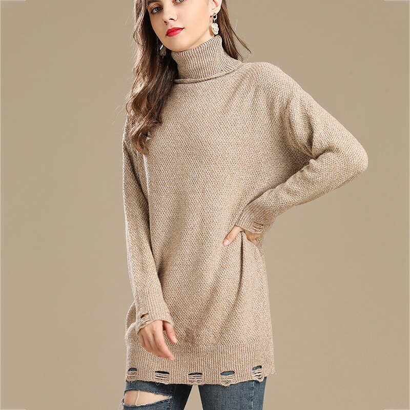 Women's turtleneck sweater oversized winter clothes Long sleeve Silver flash tattered decoration women pullover: Apricot