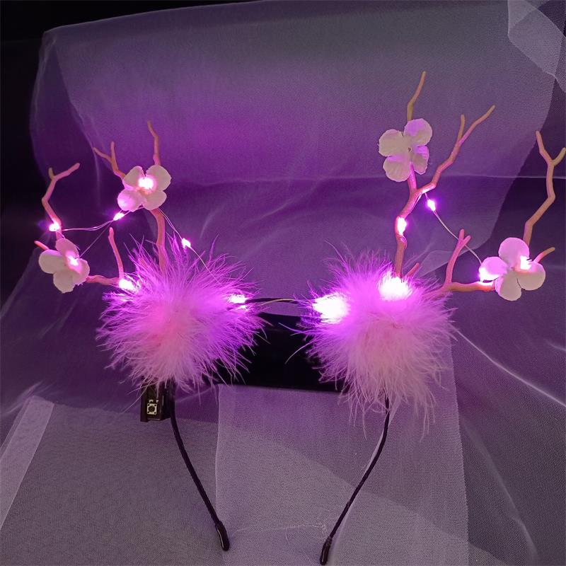 Bandeau en bois lumineux, serre-tête de noël, oreilles de chat, élan, baies, accessoires pour cheveux, scénique, spectacle Photo,: Pink Light