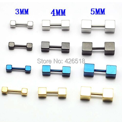 3 4 5mm width Cube Square titanium steel Punk Men Screw Back (pierced) stud earrings 4 colors