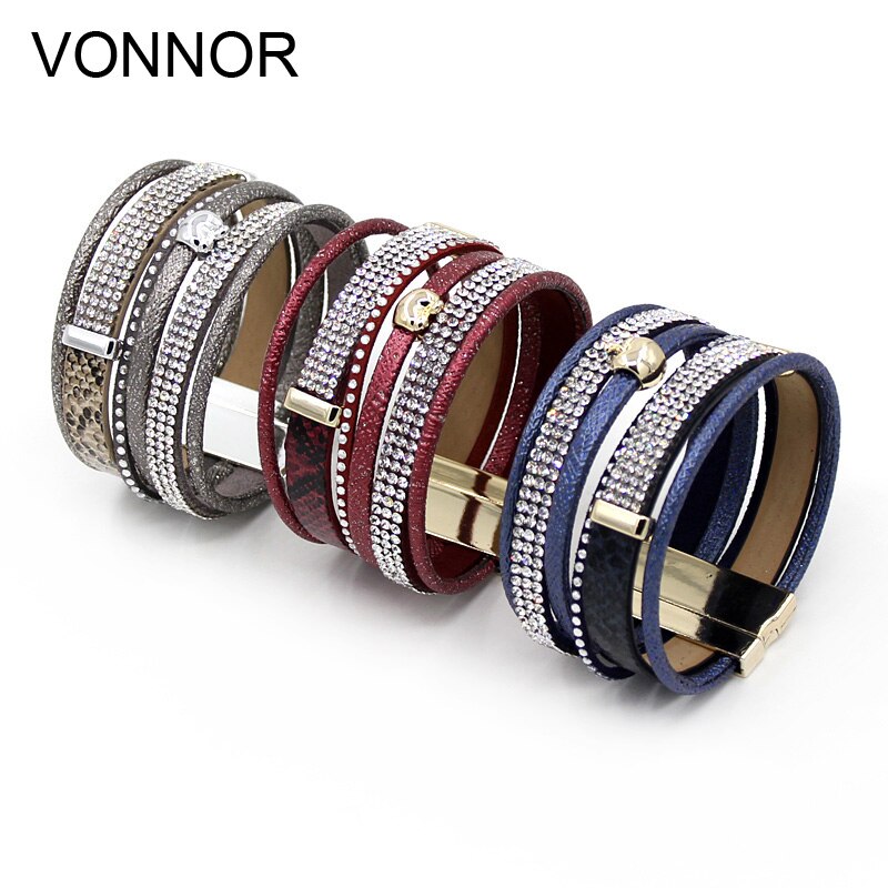 frauen Multi-Schicht-Armbinde Armbinde spleißen Leder Seil Strass Weiblichen wickeln Magnetische Verschluss Armbänder