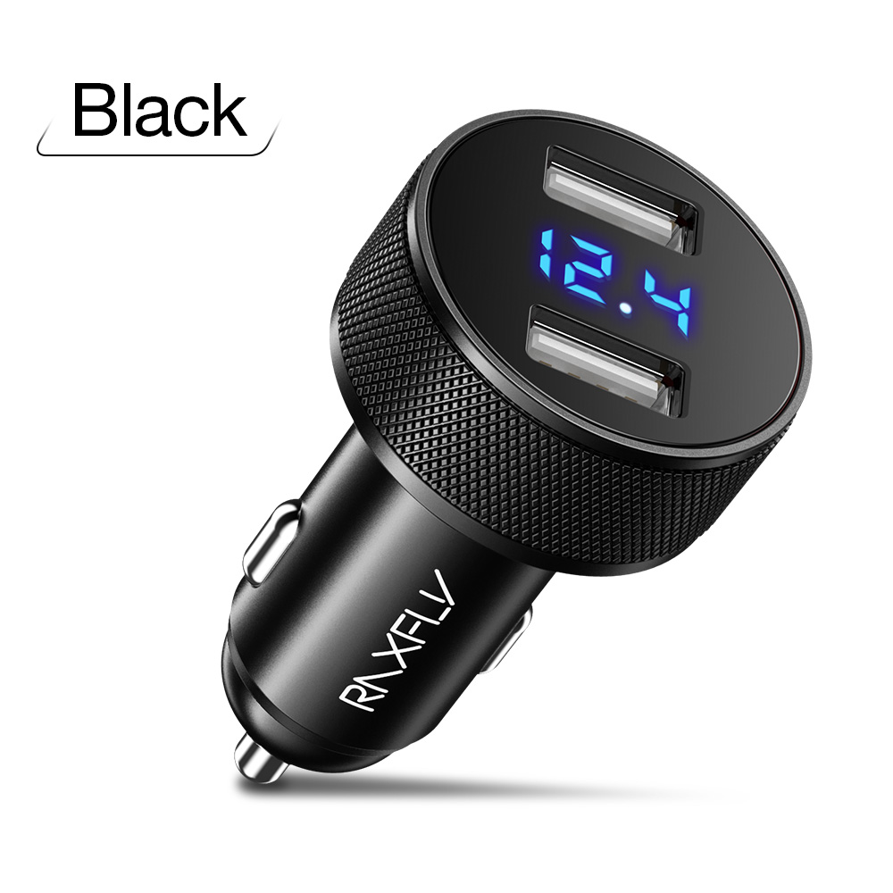 RAXFLY Car Charger Fast Charger $5 off $1 Digital Display 5V2.4A Dual USB Port For Xiaomi iPhone Samsung Phone Charger Charging: Black