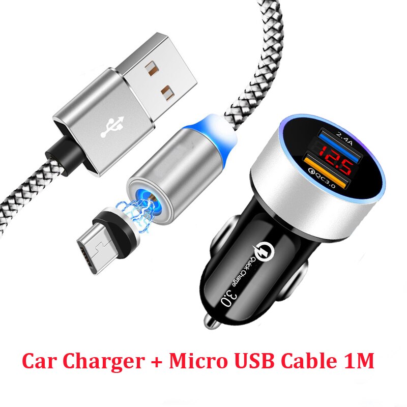 LED Diaplay QC 3.0 Car Charger Magnetic Micro USB Cable For Samsung S4 S6 S7 J3 J7 A3 A6 A7 A8 OPPO A5 A9 Phones: A Set of Silver