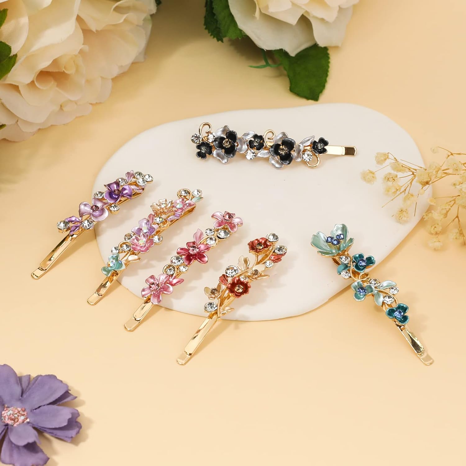 Pince à cheveux Vintage en forme de fleur en strass, Barrettes colorées en métal Floral et cristal pour fête, queue de cheval, accessoires pour femmes et filles