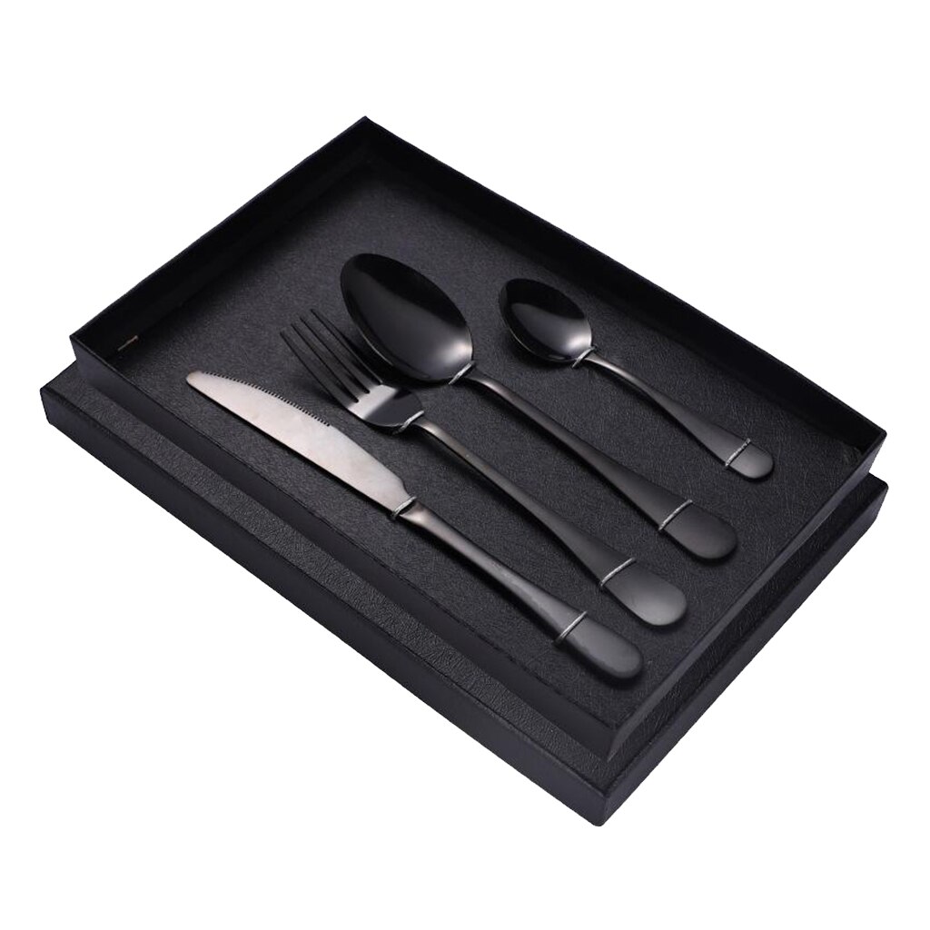 Stainless Steel Flatware Silverware 4 Piece Cutlery Set Dinnerware Spoons Fork: Black