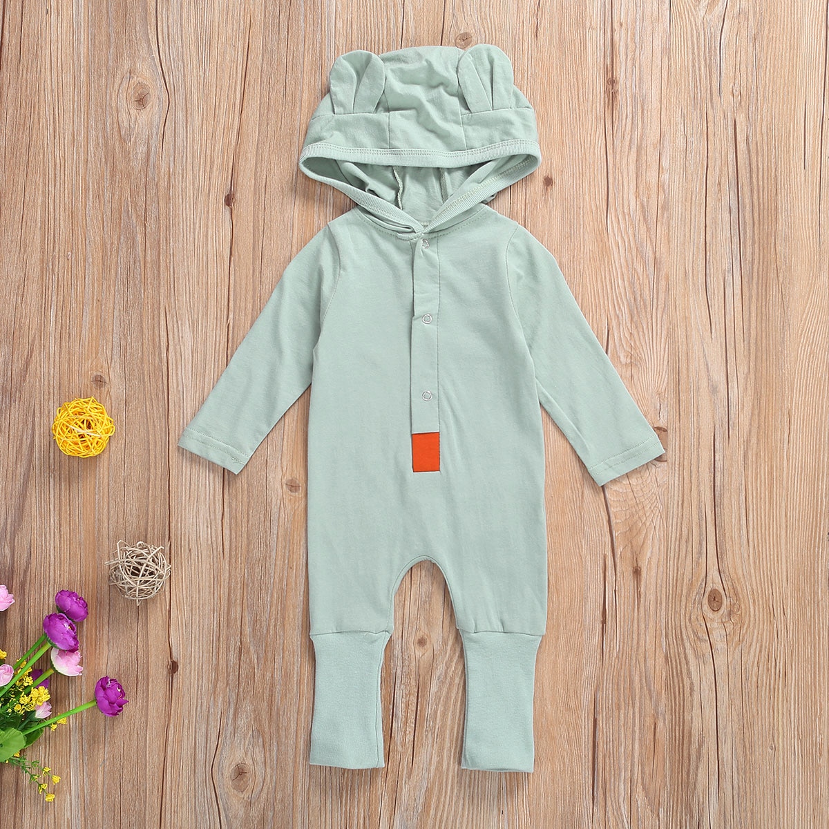 Baby Baby Meisje Jongen Lange Mouw Jumpsuit Herfst Mode Solide Single-Breasted Beer Oren Capuchon Romper Een Stuk Lange broek