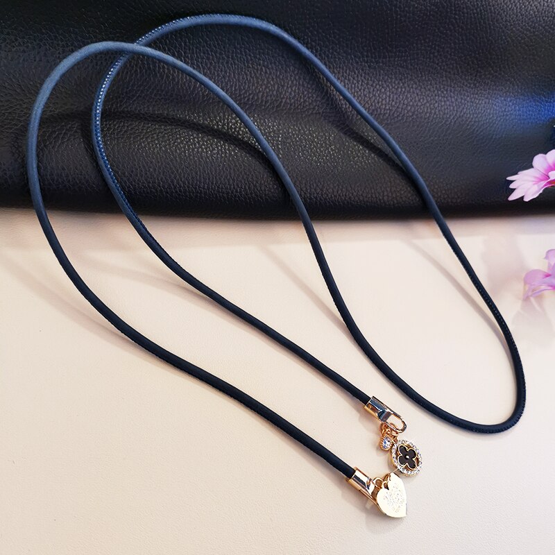 Crossbody Ring Diamant Vier-Leaf Camera Houders Toetsen Lanyard Charm Strap Clover Lederen Lanyard Mobiele Telefoon Lanyard Voor Iphone: Black