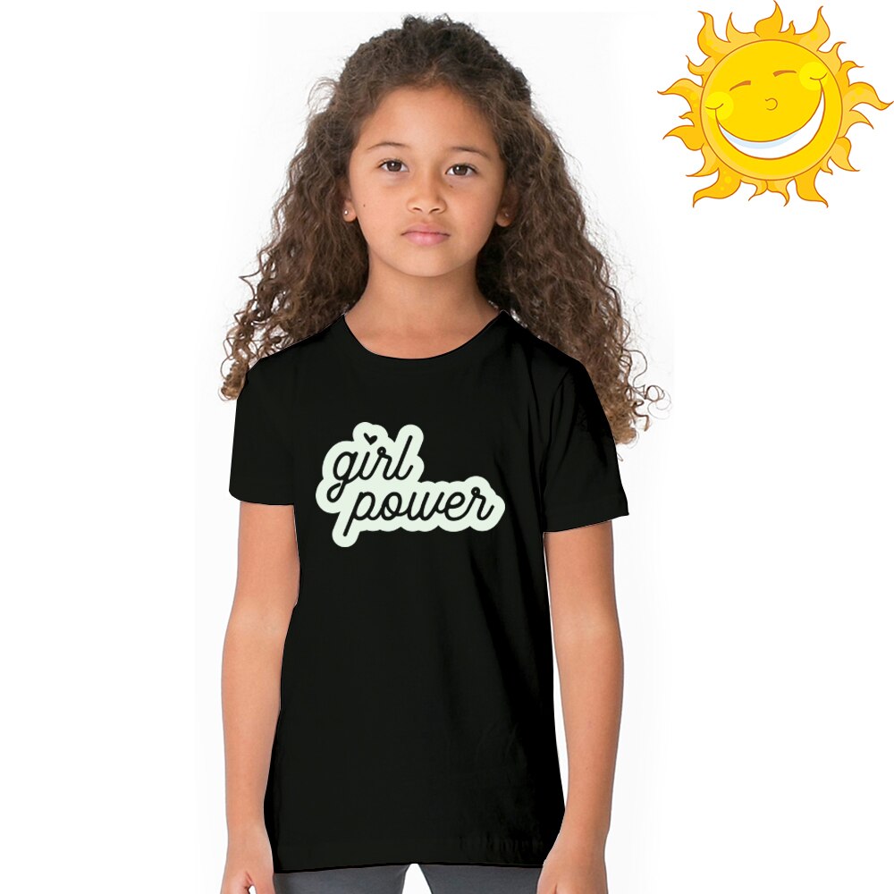 Barn flickor sommar nattlysande t-shirt girl power print glöd i mörka kläder roliga barn självlysande kortärmade t-shirts toppar