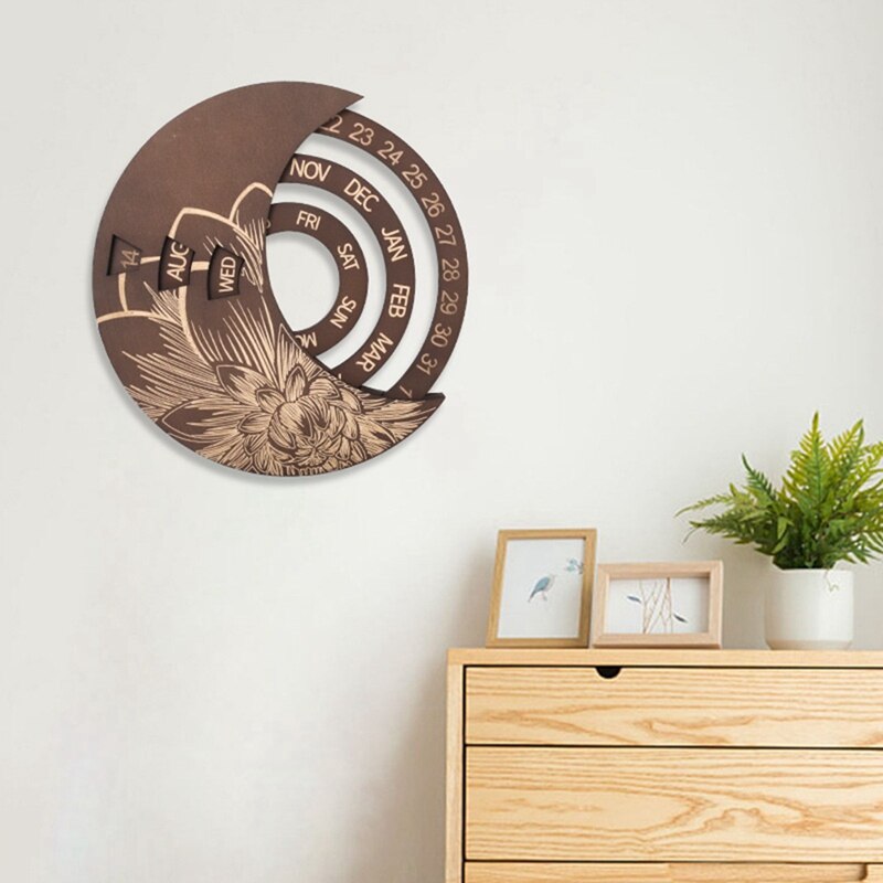 Wooden Round Perpetual Calendar Wooden Wall Calendar Wall Hanging Crafts Decorative Handicraft Decoration: Log Color Gold