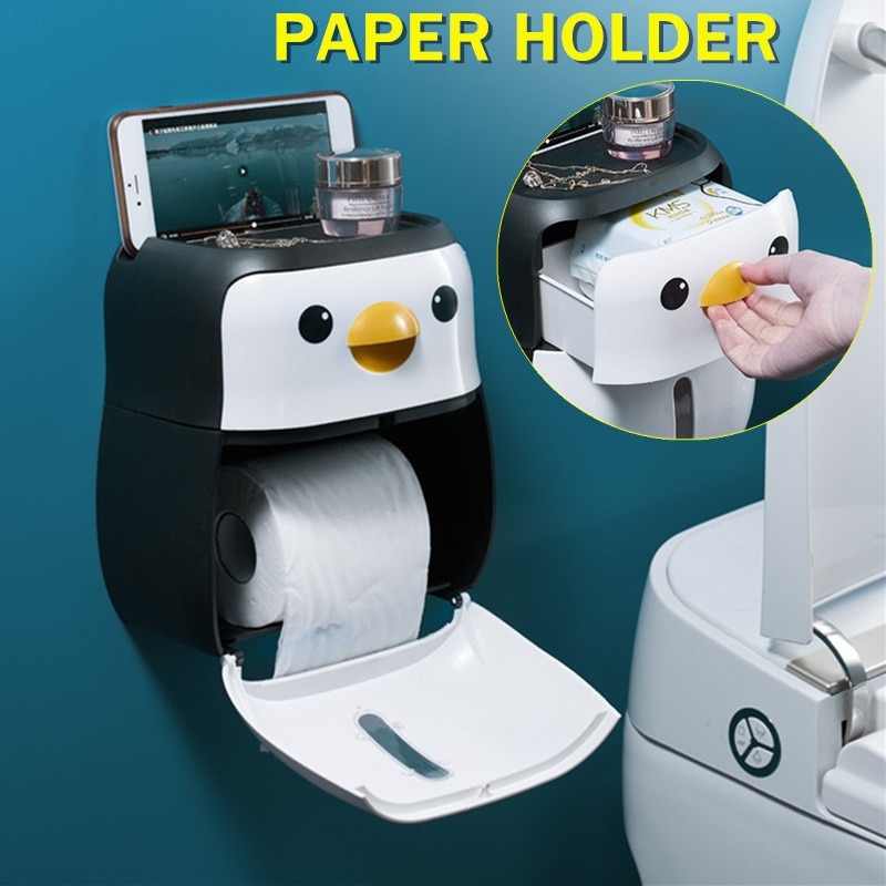 1Piece Penguin Shape Wall-mounted Toilet Roll Paper Holder Phone Tissue Drawer Storage Box Home Bathroom Supplies