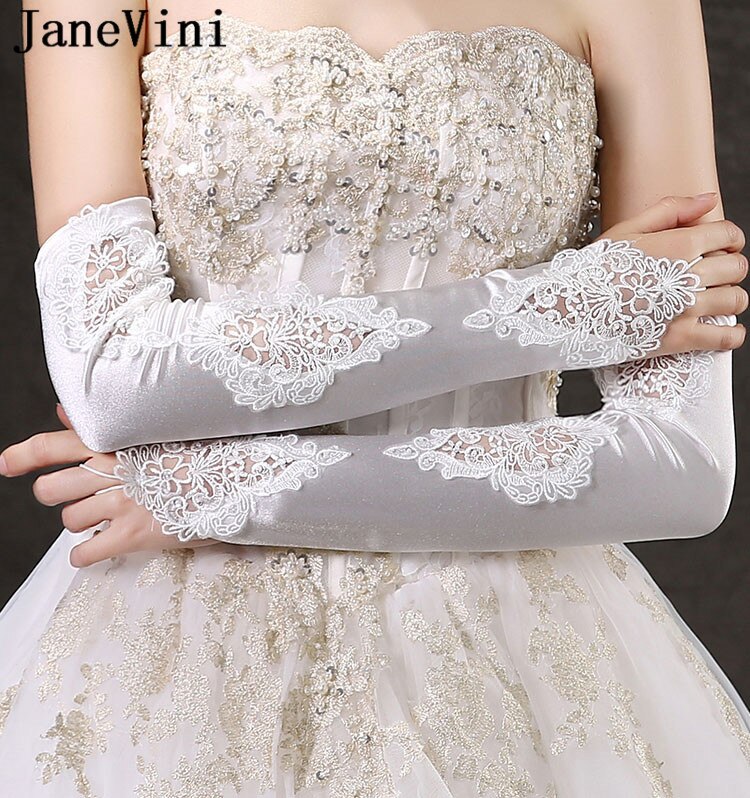 JaneVini Fingerless Long White Wedding Gloves for Bride Satin Lace Opera Length Bridal Gloves Women Party Hand Gloves