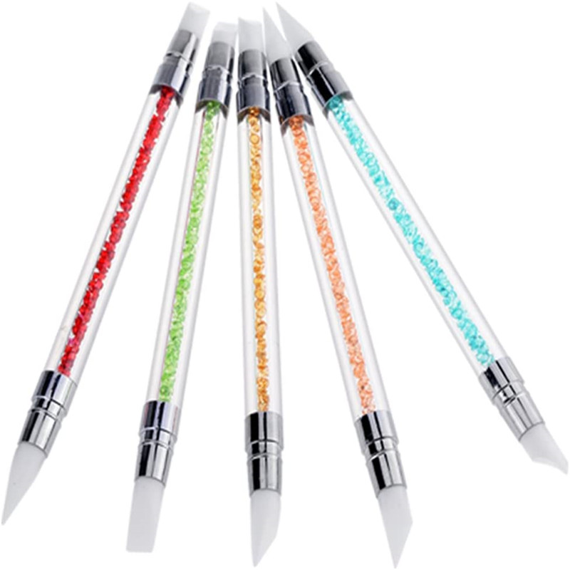 5Pcs 2 Way Nail Art Sculpture Pen Silicone Rhinestone Polish Emboss Carving Drawing Handle Nail Art Brush Manicure Tool Set