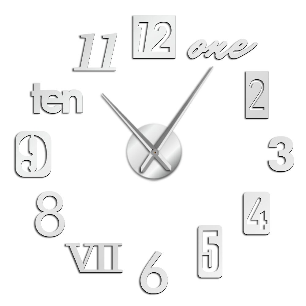 Horloge murale 3D auto-adhésive, différents Types de chiffres, décoration pour la maison, de pendaison de crémaillère, moderne: Silver / 27inch