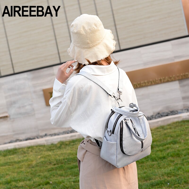 AIREEBAY Frauen Leder Rucksäcke Vintage Weibliche Schulter Tasche Reise Damen Bagpack Silber Schwarz Schule Taschen Für Teenager Mädchen