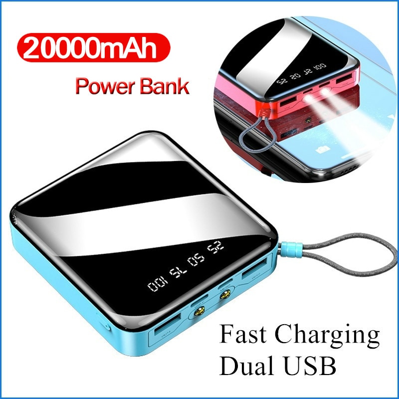 20000mAh Mini Power Bank External Battery Digital Display 2 USB Portable Dual LED Lighting Fast Charger Phone Battery