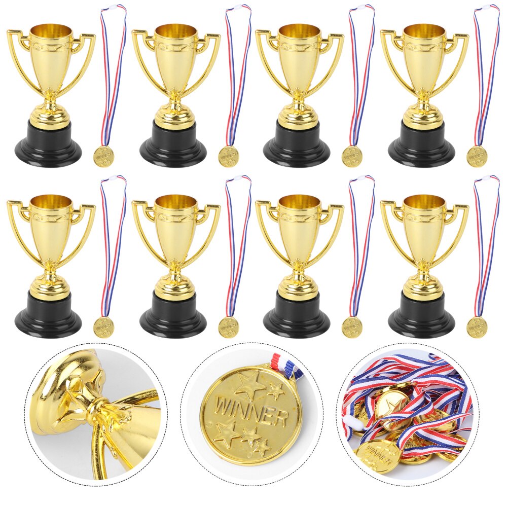 12pcs Mini Gold Cups Trophy and Award Medals Prizes Small Medals Awards Trophy Toys for Students Sport(6pcs Trophie: Golden 1