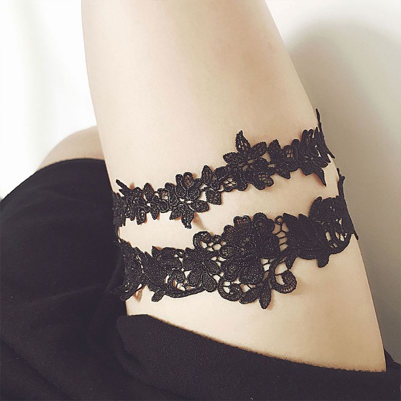 Conjunto de anillos para el muslo de encaje Floral bordado para mujer, banda elástica decorativa para boda y graduación, Color sólido, ligas de pierna sin costuras huecas