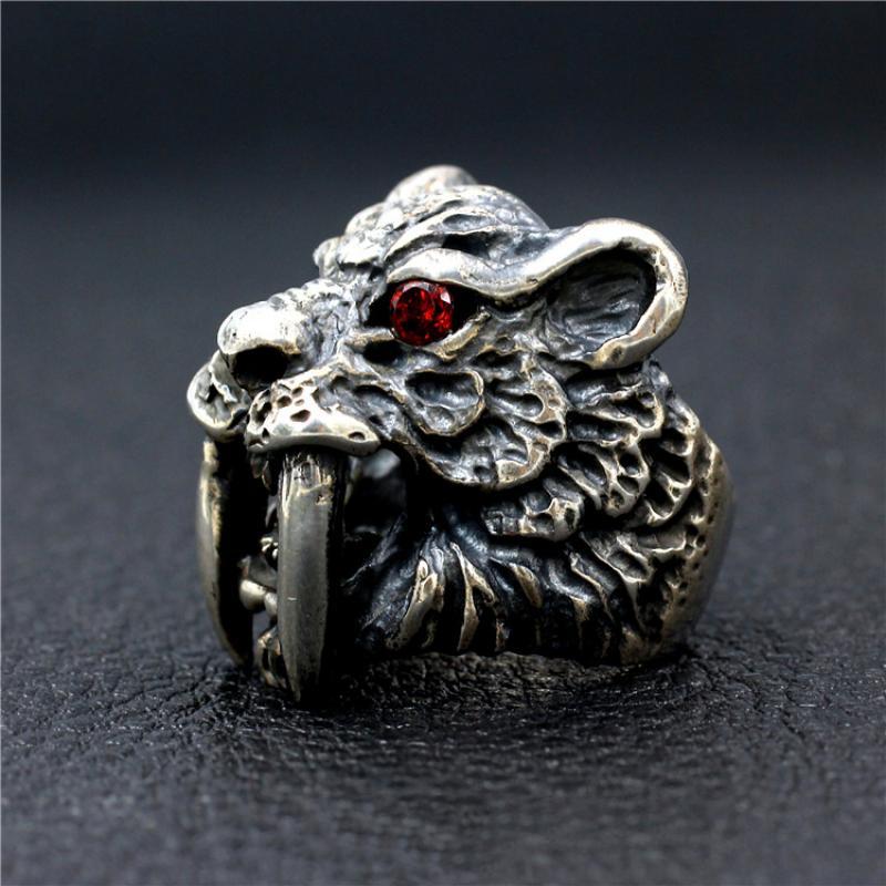 Bague de tigre à dents de sabre pour hommes, rétro, dominateur aux yeux rouges, ancien, Punk, Locomotive, Hip-Hop, Punk, Rock, bijoux,