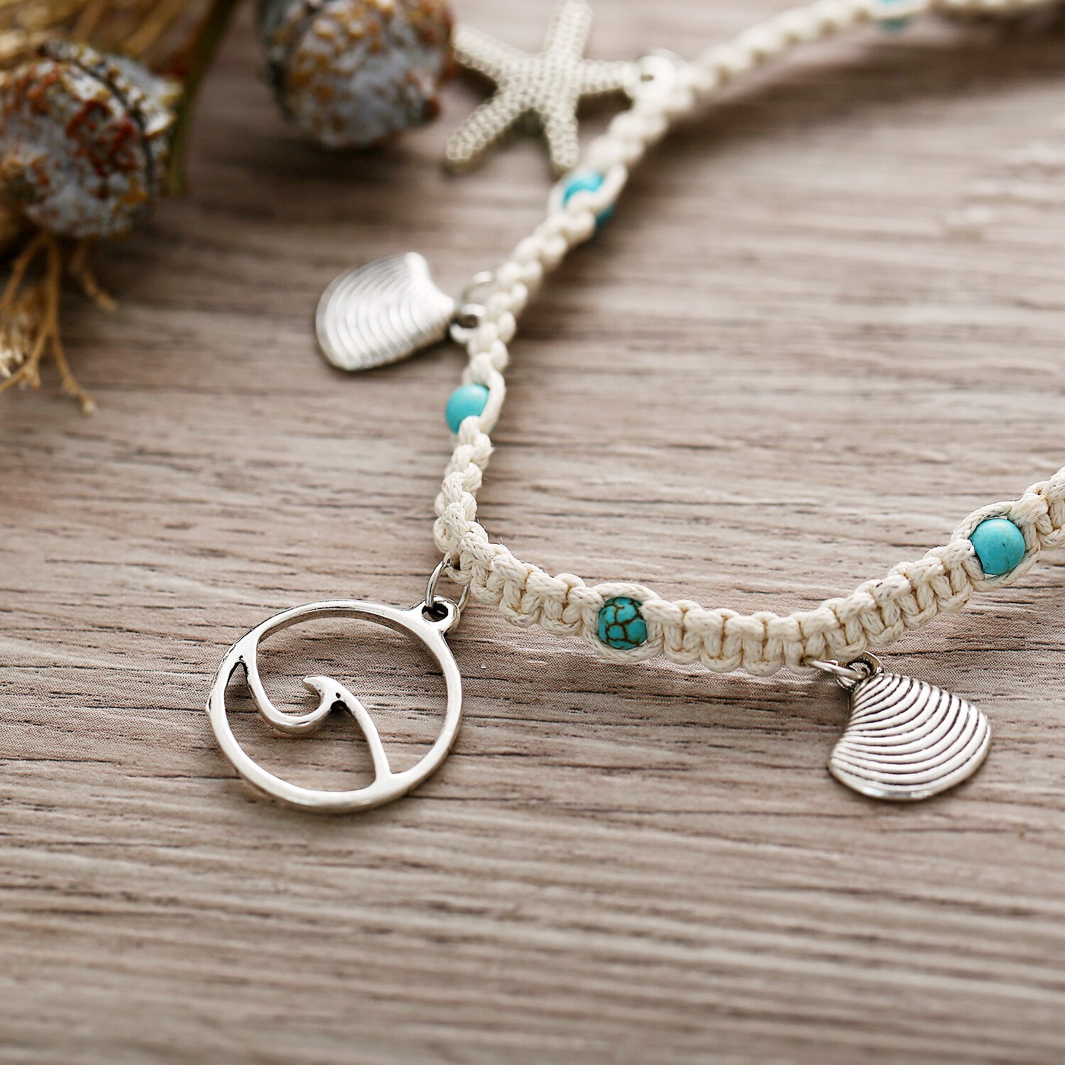 Bonlavie Strand Voet Sieraden String Zeester Wave Patroon Shell Hanger Ingelegd Enkelband