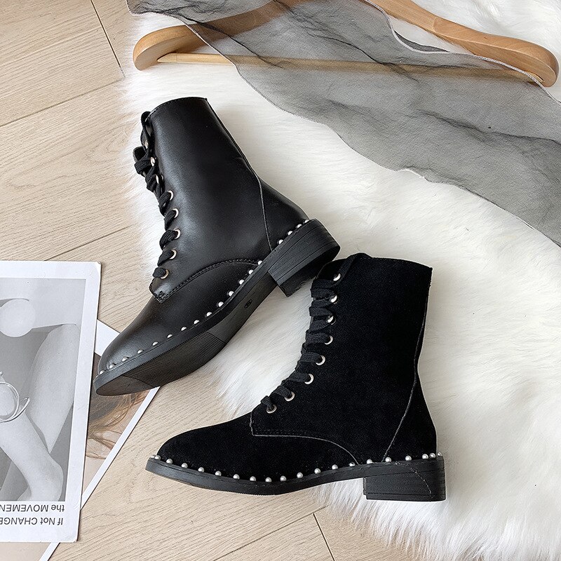 Femmes automne bottes tête ronde Martin bottes concepteur épais fond bloc épais avec des bottes pour femmes dames perle dentelle bottes