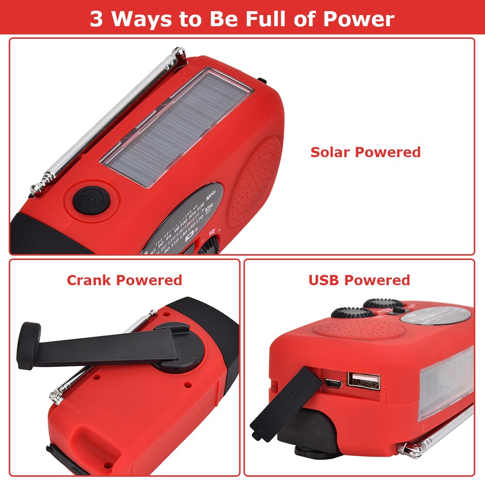 Notradio 10000mAh zonne-radio, zwengelradio, weerradio, NOAA AM FM, 4 laadmethoden, polymeerbatterij, zaklamp & leeslamp, SOS-alarm oplader