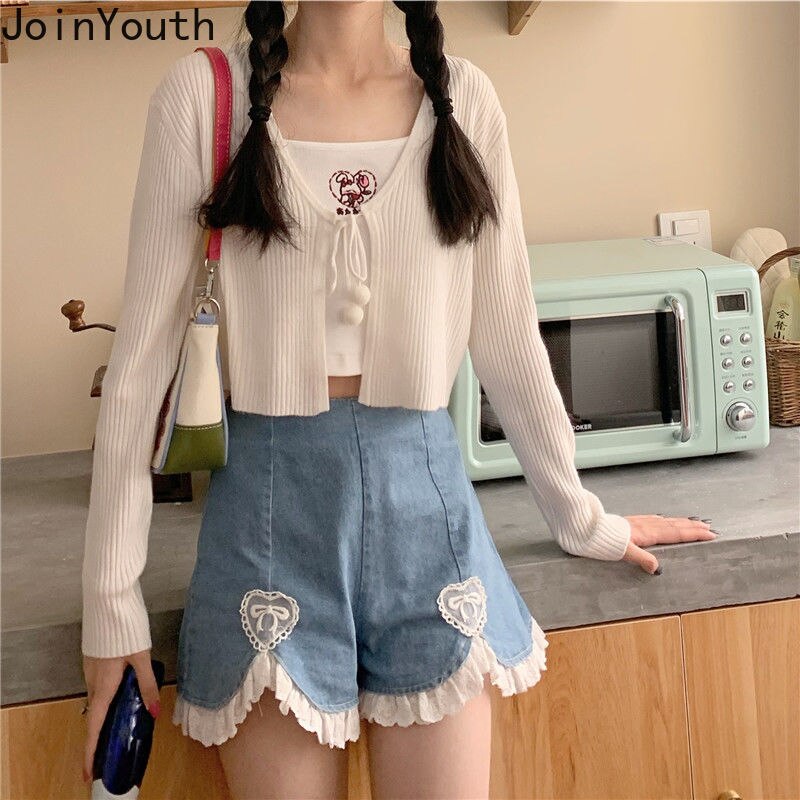 Joinyouth pantalones cortos pijo Coreano corazón Kawaii de Jean Pantalón corto de pierna ancha dulce estudiante japonés High Waisted Shorts pantalones cortos de mezclilla de las mujeres